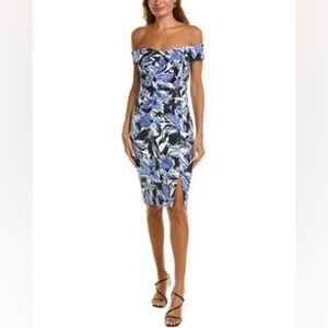 Joseph Ribkoff | Slimming Off Shoulder Dress | Blue and Vanilla Size 8